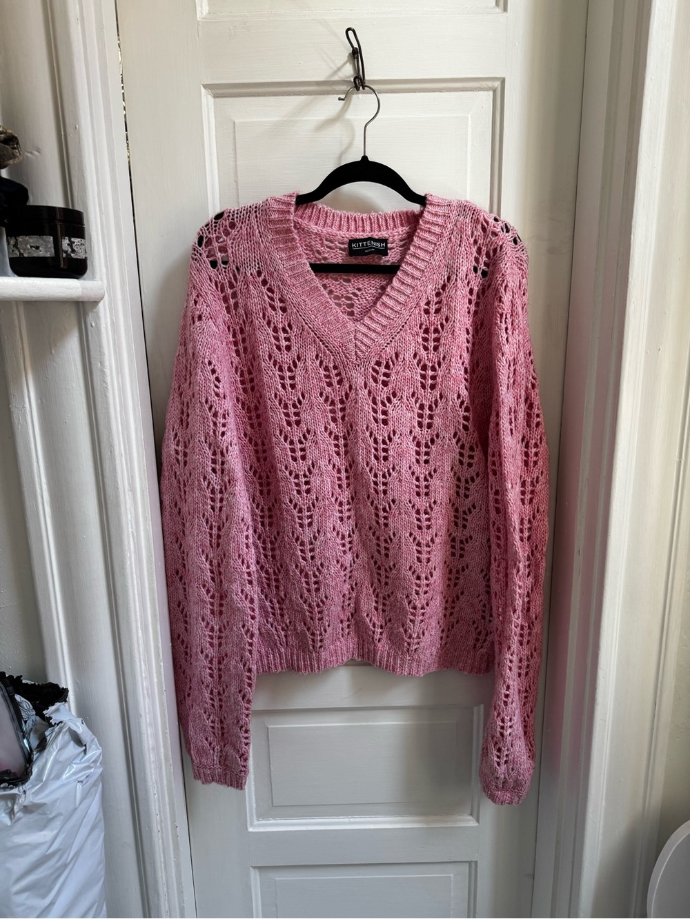 Kittenish Rose Pink Openwork V-Neck Sweater